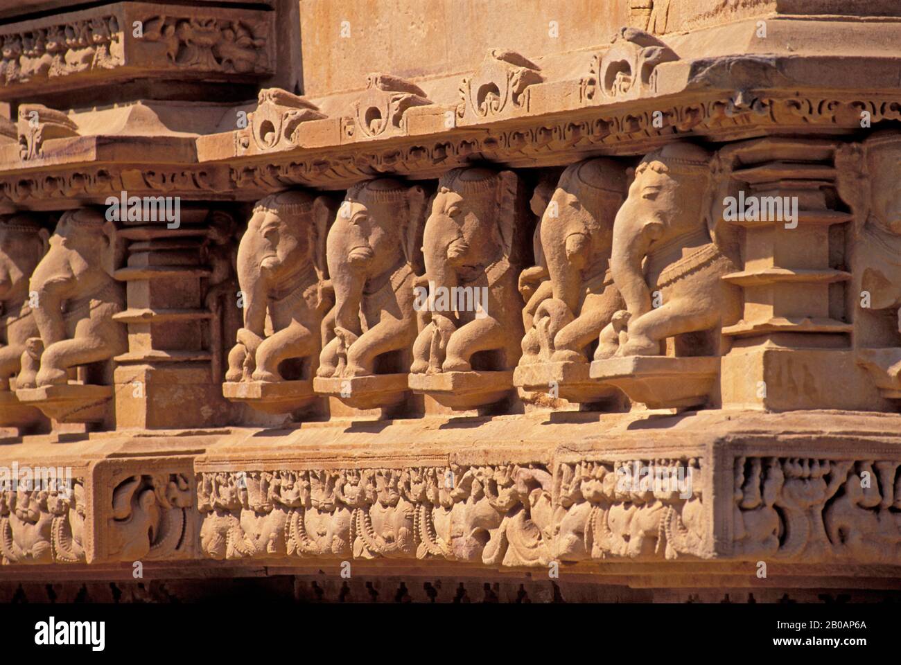 INDIA, KHAJURAHO, HINDU TEMPLE COMPLEX, 950-1050 AD, LAKSHMANA TEMPLE, ELEPHANTS Stock Photo