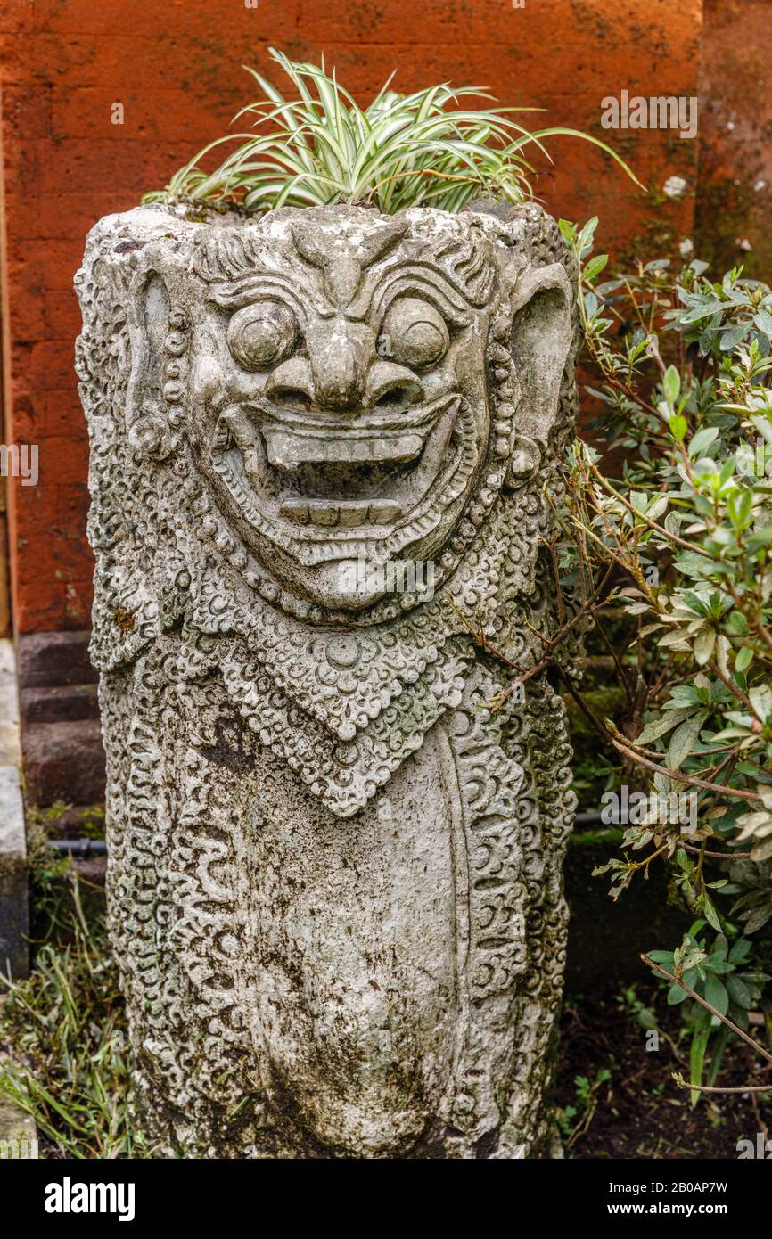 Stone carved flower pot with Chlorophytum plant at Kebun Raya Bali - Bali Botanical Garden in Bedugul, Tabanan, Bali, Indonesia. Vertical image. Stock Photo