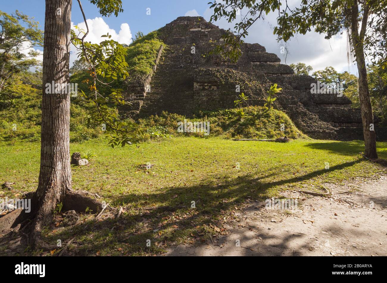 Guatemala, Tikal National Park, Mundo Perdido, Lost World Pyramid, 700 BC, oldest in Tikal, partially excavated backside, talud-tablero architecture; Stock Photo