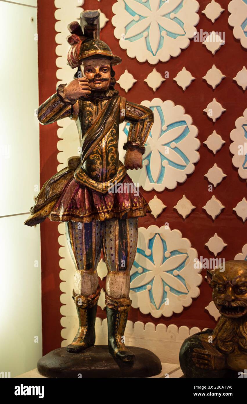 Figure of  a Spaniard standard bearer from the conquest, Maya World Museum,  Merida, Yucatan, Mexico. Stock Photo