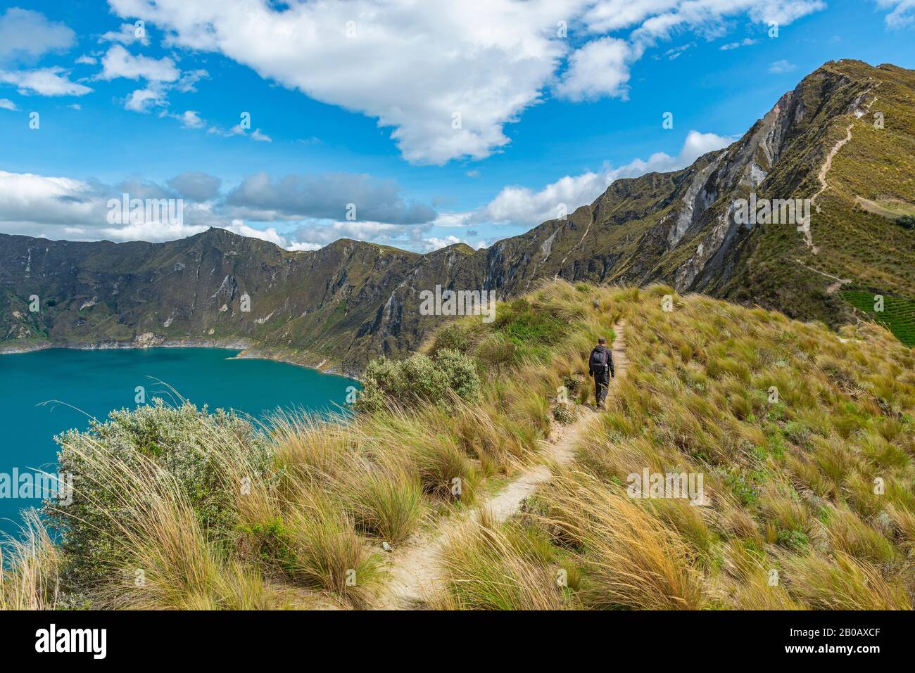 Young male backpacker walking along the magic Quilotoa crater lake on the hike named Quilotoa Loop in the Andes mountain range near Quito, Ecuador. Stock Photo