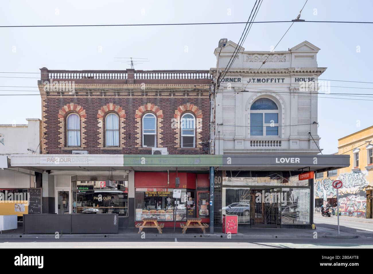 Double level, two storey Victorian era shop fronts on Chapel Street in Prahran, Melbourne