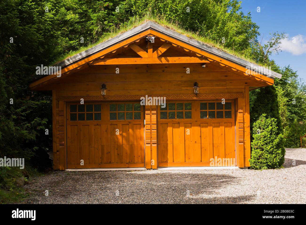 Golden-brown stained piece sur piece Eastern white pine log and timber 2 car garage with carved wood details and Gramineae or Poaceae - Grass. Stock Photo
