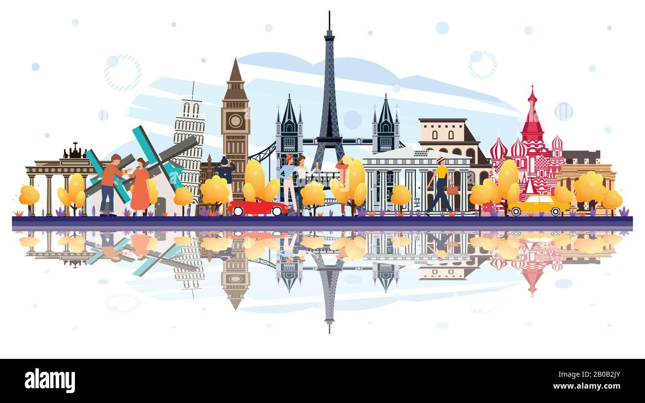 Famous Landmarks in Europe with Reflections Isolated on White. Tourists Walking Near of Buildings. Vector Illustration. Business Travel and Tourism. Stock Vector