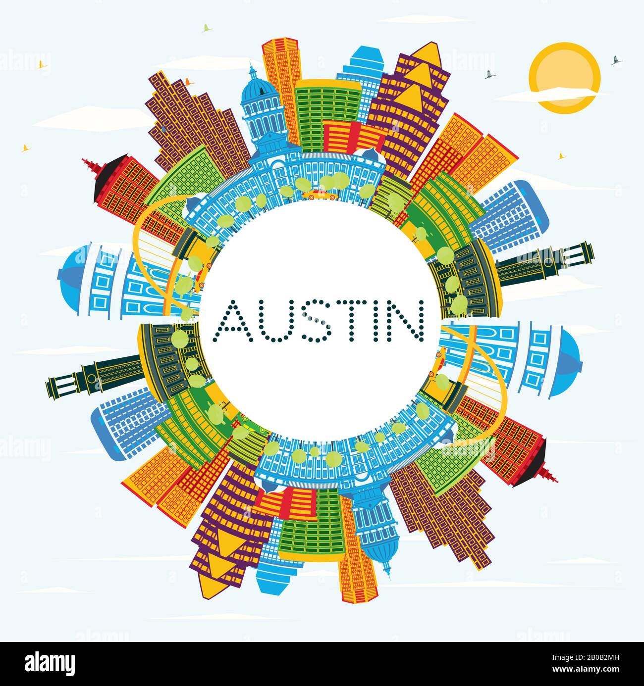 Austin Texas City Skyline with Color Buildings, Blue Sky and Copy Space