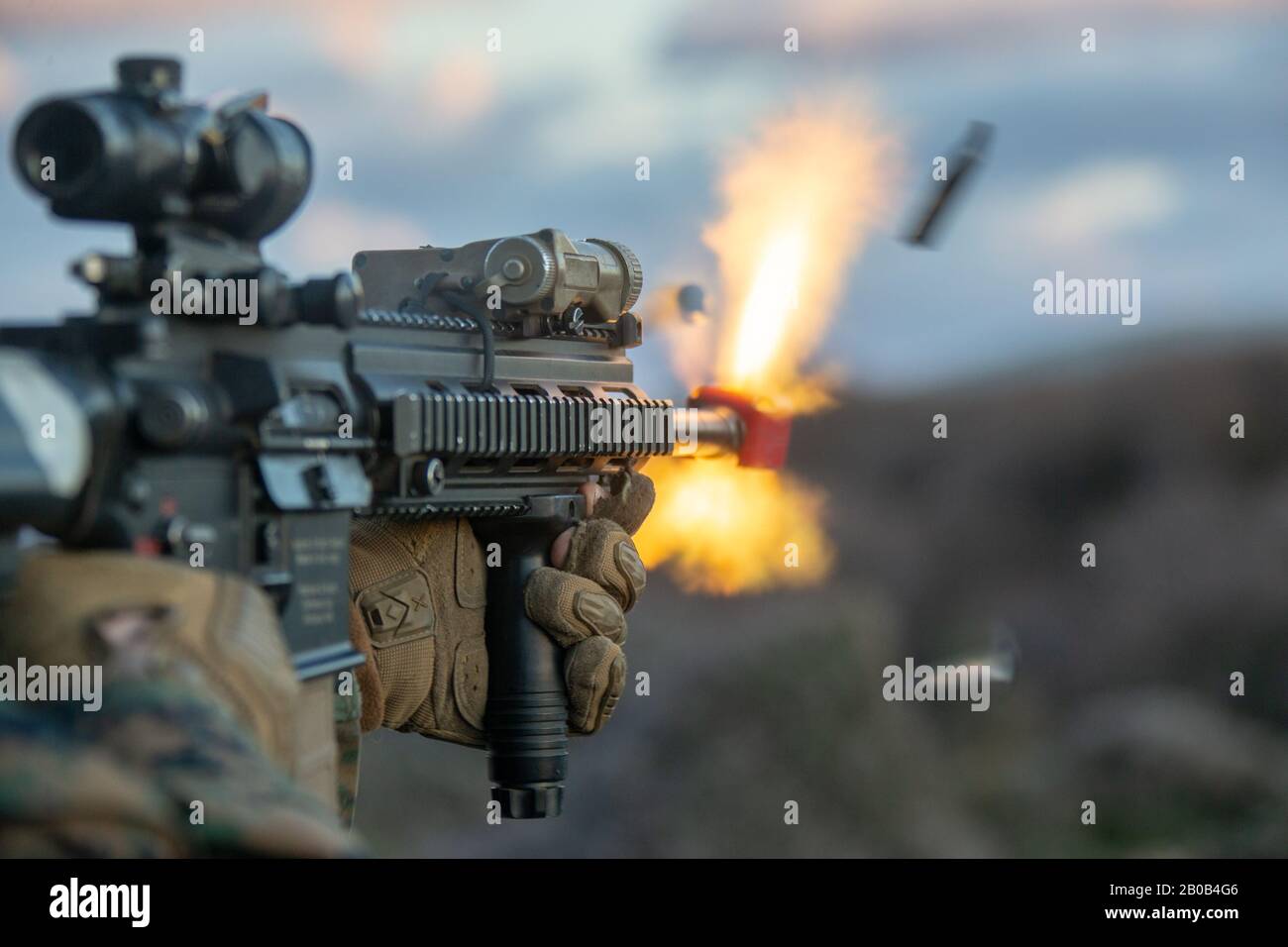 VOLOS, Greece (Feb. 7, 2020) A U.S. Marine with 3rd Battalion, 2nd Marine Regiment, 2d Marine Division fires blank ammunition during Exercise Alexander the Great 2020 in Skyros, Greece, Feb. 7, 2020. This exercise conducts integrated battalion-level command and control and company/platoon-level combined arms training to increase interoperability between the U.S. Marine Corps, and Hellenic and French Armed Forces, reassure Allied and Partner Nations, improve readiness, reinforce relations, and advance the ability to deploy alongside partnered forces. (U.S. Marine Corps photo by Cpl. Ashley McLa Stock Photo