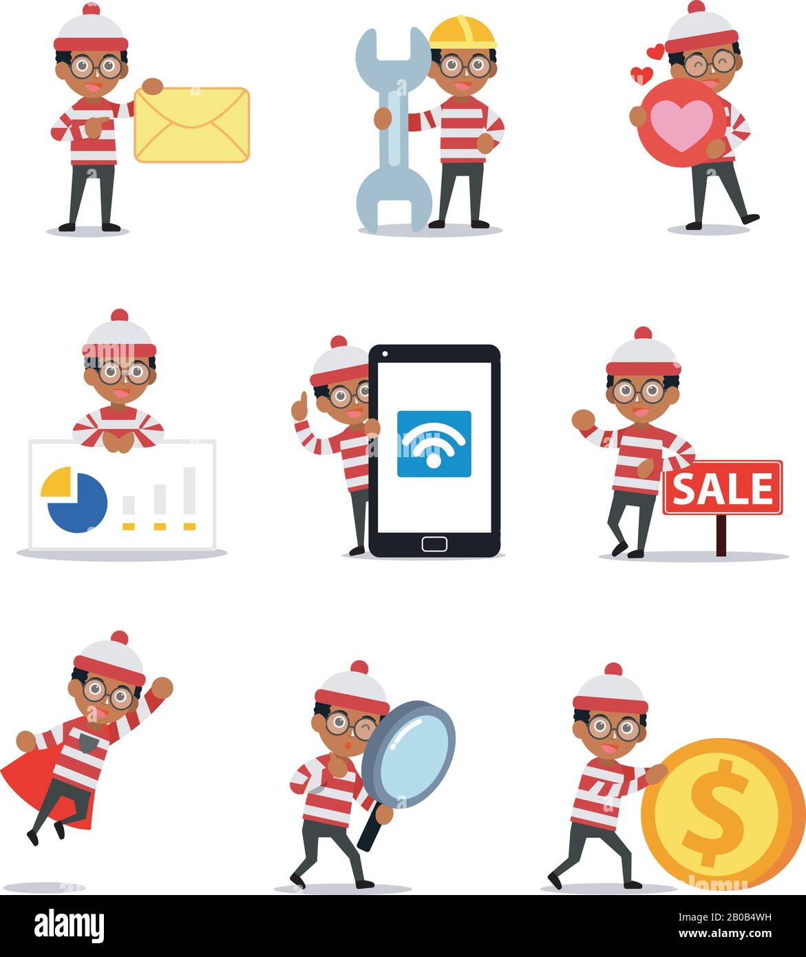 Set character of cute man in red and white striped clothes. Stock Vector