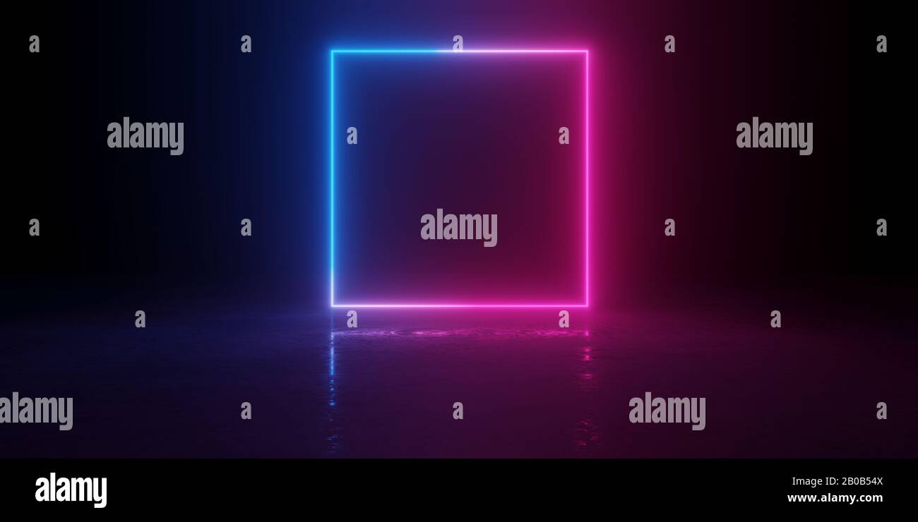 Abstract blue and red glowing neon light square in empty concrete room with shiny reflective floor - 3D illustration Stock Photo
