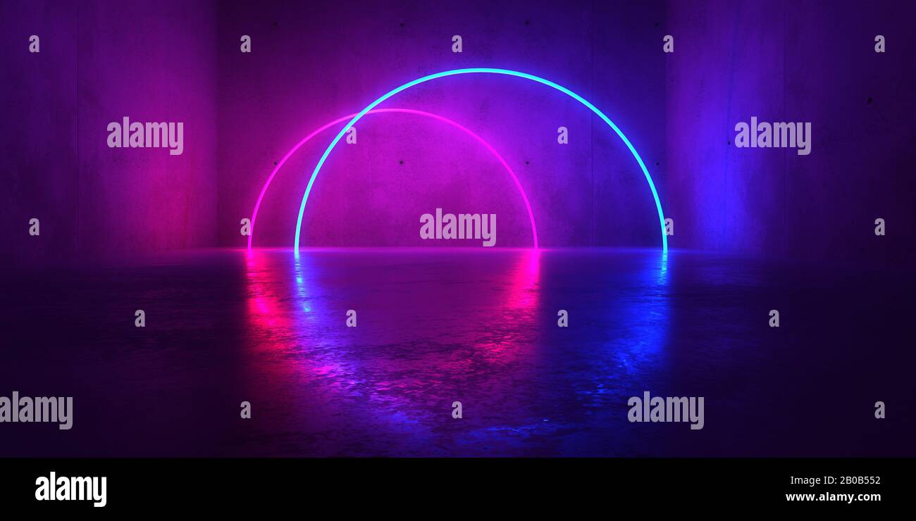 Abstract blue and red glowing neon light circles in empty concrete room with shiny reflective floor - 3D illustration Stock Photo