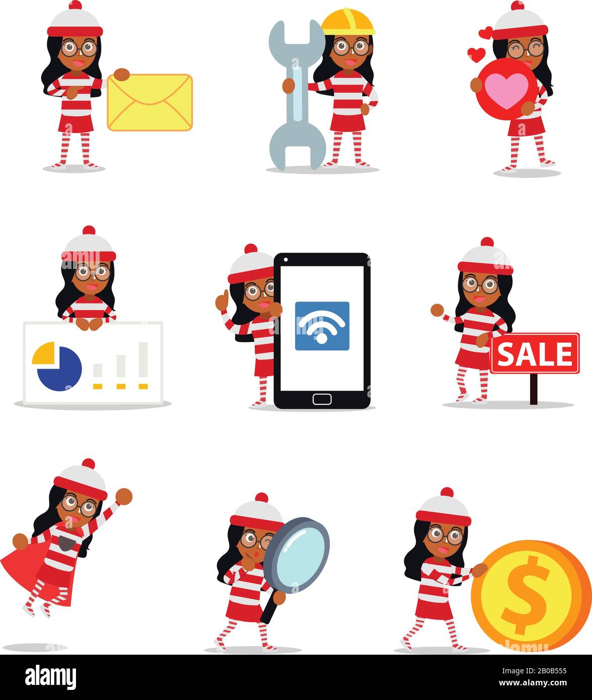 Set character of woman love wearing red and white striped long dress. Stock Vector