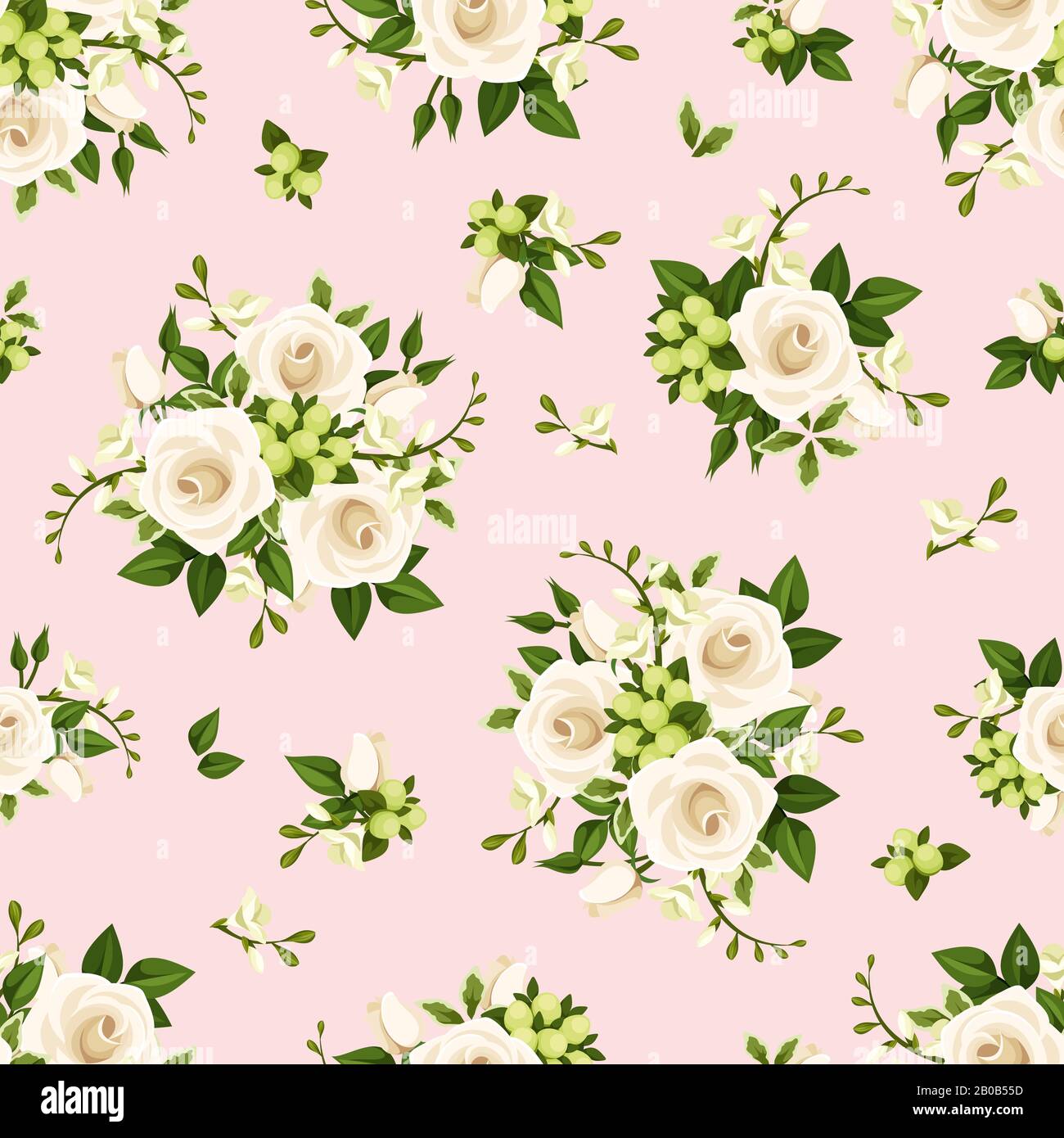 Vector seamless pattern with white roses and freesia flowers and green ...