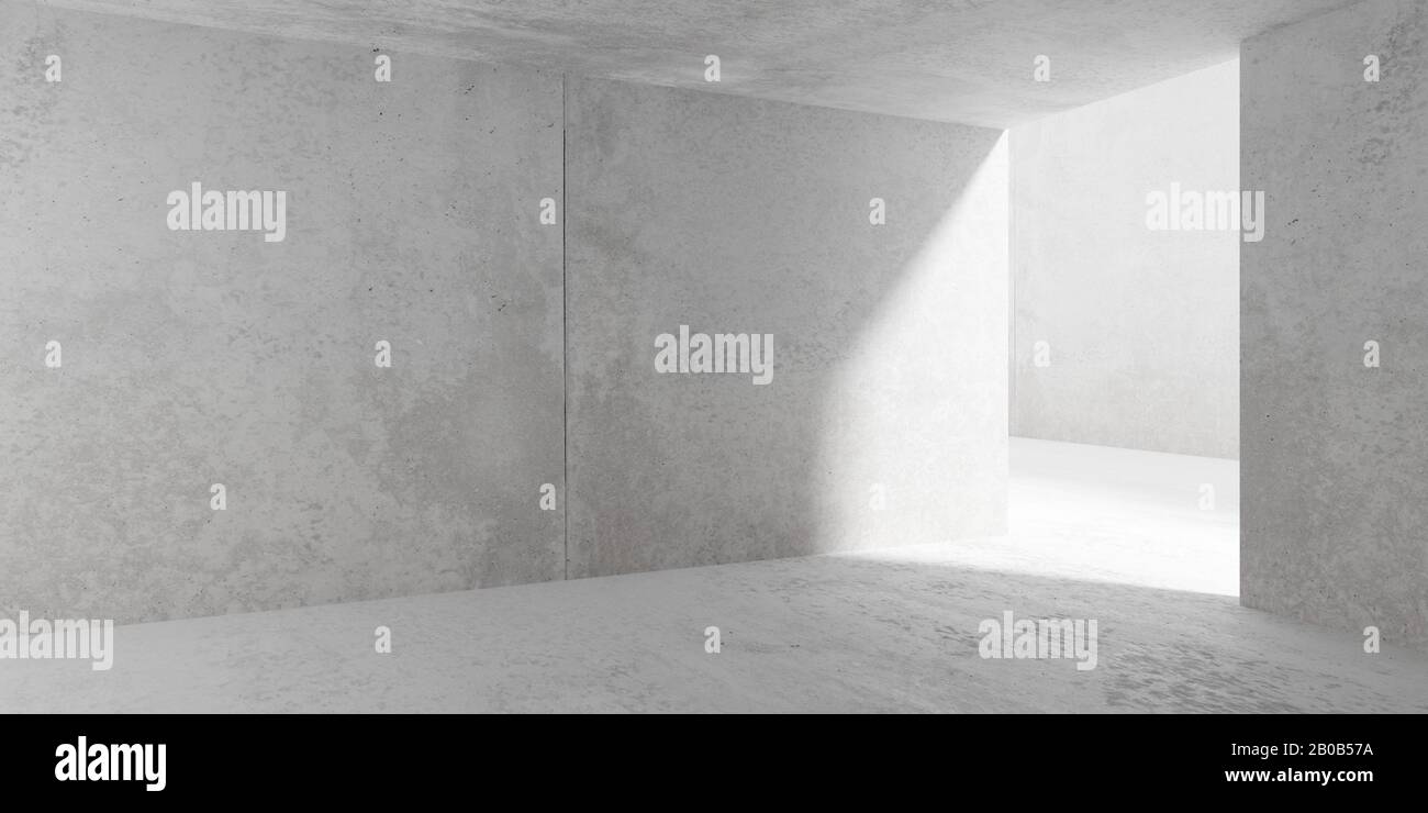 Abstract empty, modern concrete walls room with side light and rough floor - industrial interior background template, 3D illustration Stock Photo