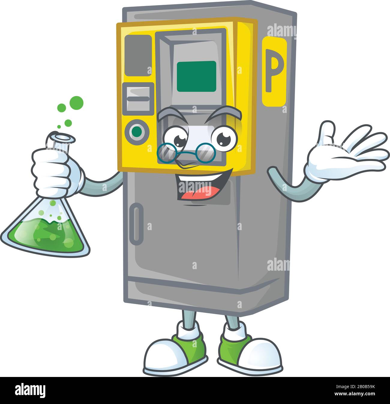 A genius Professor parking ticket machine cartoon character with glass tube Stock Vector
