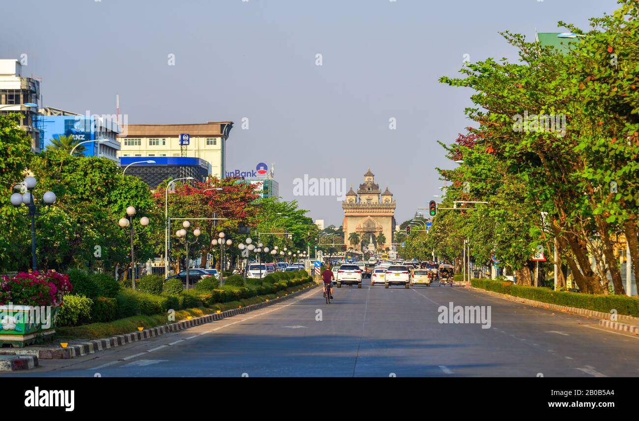 Vientiane, Laos - Jan 29, 2020. Lan Xang main street of Vientiane, Laos PDR. Vientiane is the capital and largest city of Laos, on the banks of the Me Stock Photo