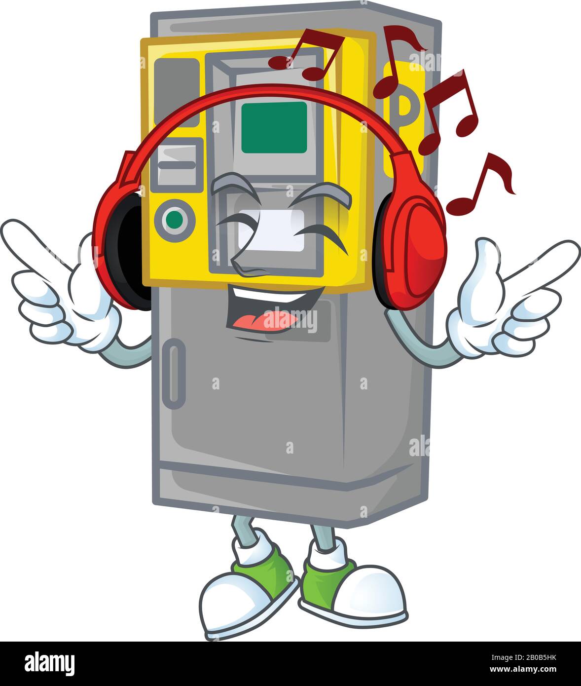Parking ticket machine cartoon character design Listening music on a