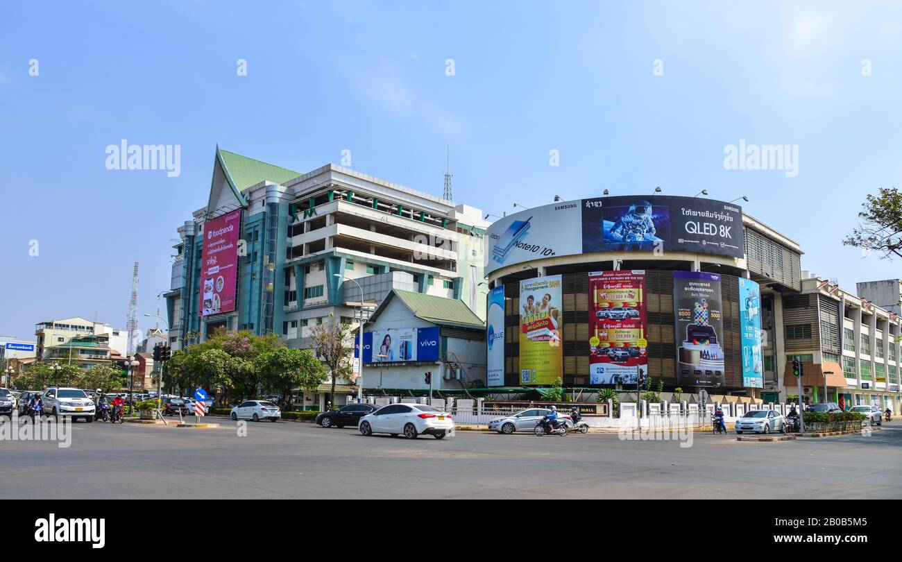 Vientiane, Laos - Jan 29, 2020.  Lan Xang main street of Vientiane, Laos PDR. Vientiane is the capital and largest city of Laos, on the banks of the M Stock Photo