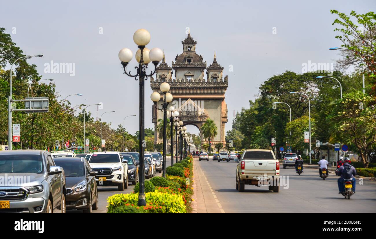 Vientiane, Laos - Jan 29, 2020. Lan Xang main street of Vientiane, Laos PDR. Vientiane is the capital and largest city of Laos, on the banks of the Me Stock Photo