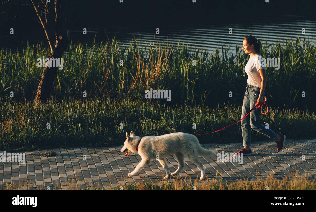 Mature lady walking dog hi-res stock photography and images - Alamy