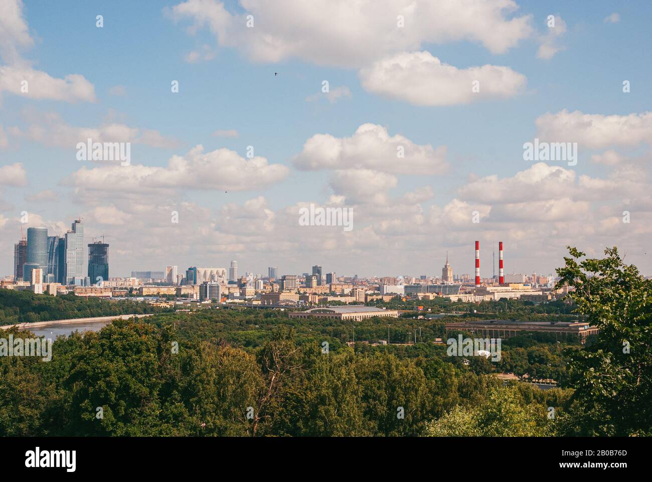 A long aerial panorama of Moscow with the Moscow city complex under construction on the left and the Luzhniki stadium on the right. 2009 year Stock Photo