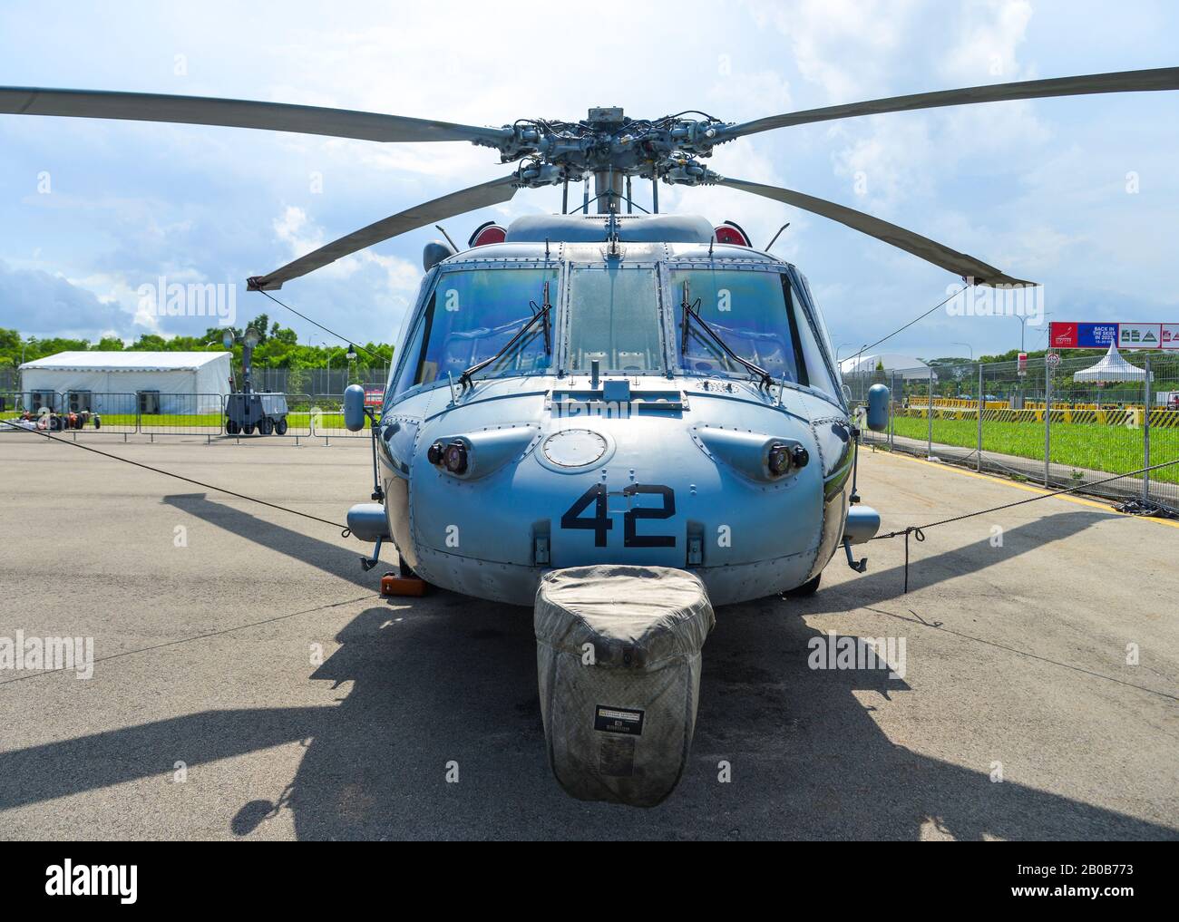 Singapore - Feb 12, 2020. Bell AH-1Z Viper attack helicopter of US Marine Corps for display in Changi, Singapore. Defense costs are increasing, especi Stock Photo