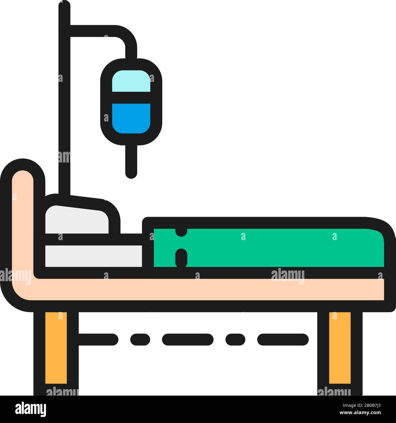 Hospital bed with medical equipments, intensive care flat color line icon. Stock Vector