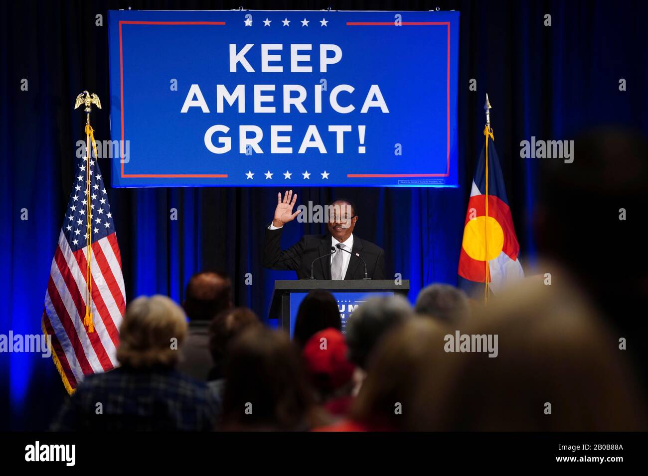 Aurora, United States. 19th Feb, 2020. A Trump supporter speaks to the crowd at Lara Trump's Keep America Great Again event at the Hyatt Regency Aurora-Denver on Wednesday, February 19th, 2020 in Aurora, Colorado. Credit: The Photo Access/Alamy Live News Stock Photo