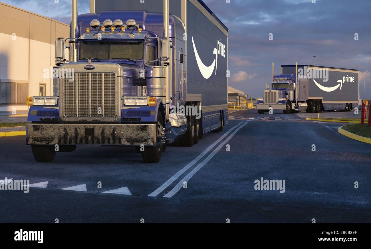 Trucks With A Semi Trailer With The Amazon Prime Logo At The Amazon Logistics Center Stock Photo Alamy