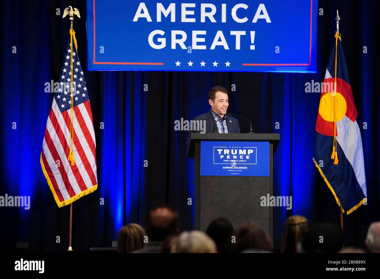 Aurora, United States. 19th Feb, 2020. John Pence speaks to Trump supporters at Lara Trump's Keep America Great Again event at the Hyatt Regency Aurora-Denver on Wednesday, February 19th, 2020 in Aurora, Colorado. Credit: The Photo Access/Alamy Live News Stock Photo