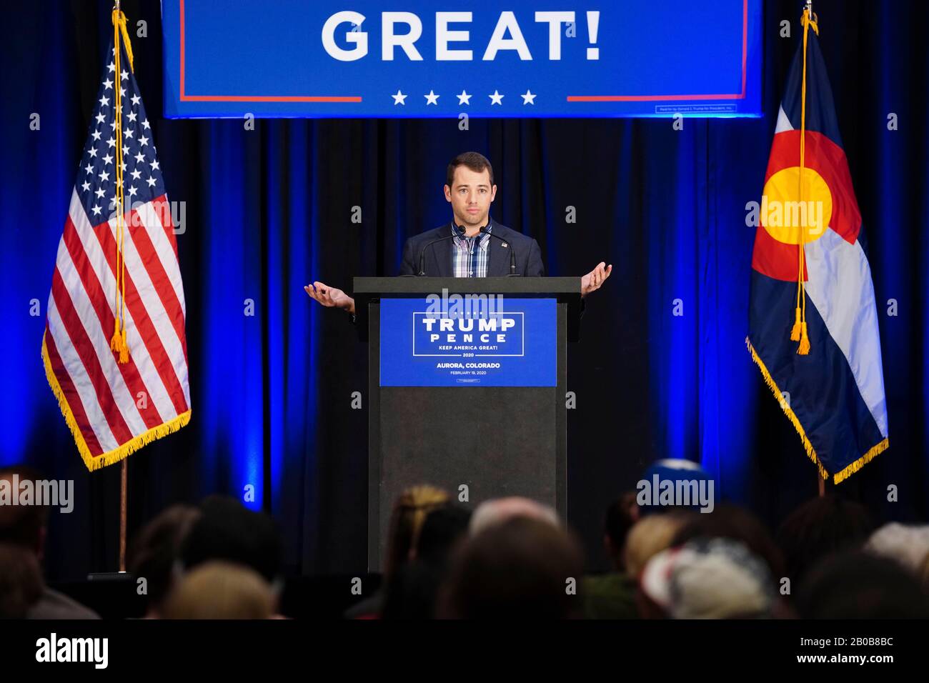 Aurora, United States. 19th Feb, 2020. John Pence speaks to Trump supporters at Lara Trump's Keep America Great Again event at the Hyatt Regency Aurora-Denver on Wednesday, February 19th, 2020 in Aurora, Colorado. Credit: The Photo Access/Alamy Live News Stock Photo