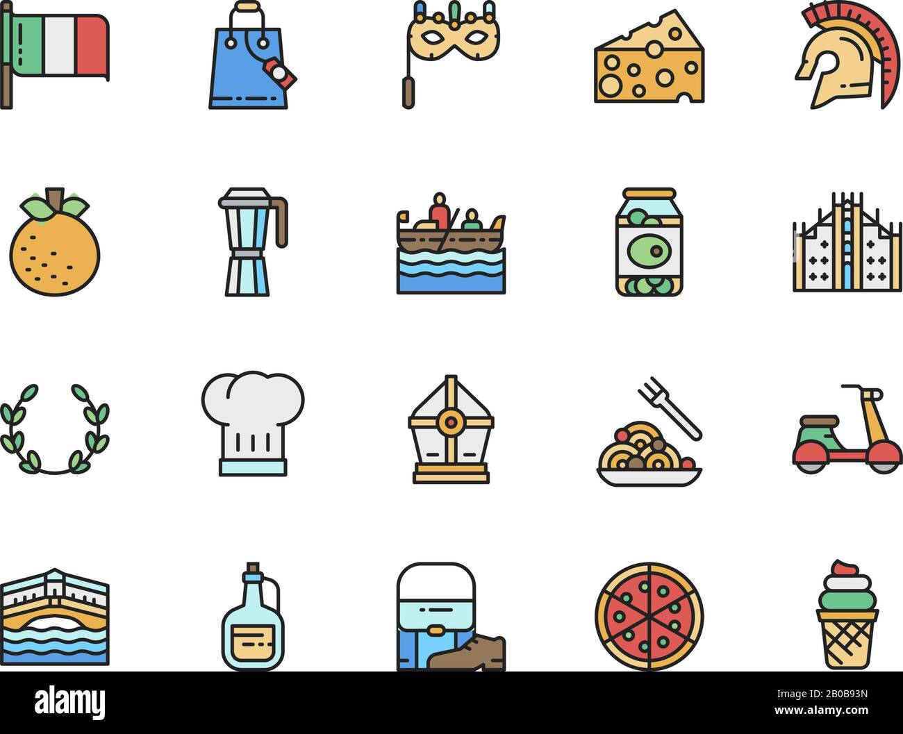 Set of Italian Culture Flat Color Line Icons. Mandarin, Gondola, Pasta and more. Stock Vector
