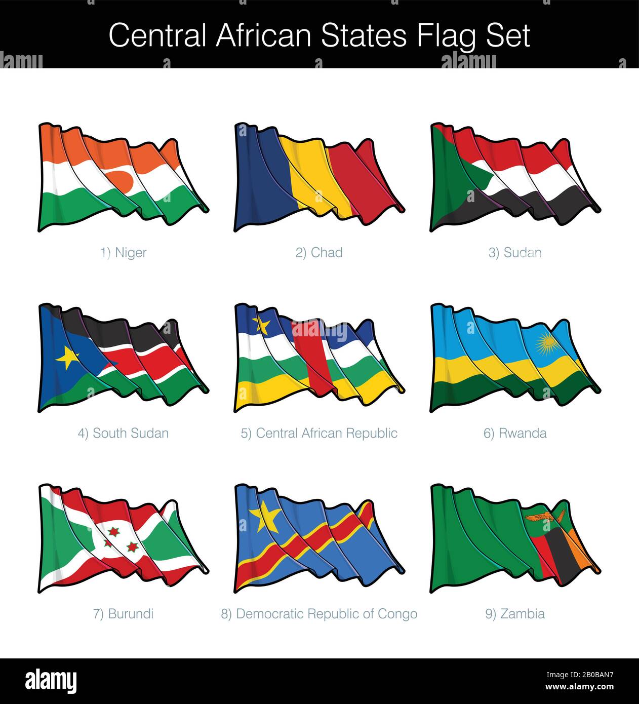 Central African States Waving Flag Set. The set includes the flags of Niger, Chad, Sudan, South Sudan, CAR, Rwanda, Burundi, DR Congo and Zambia. Vect Stock Vector