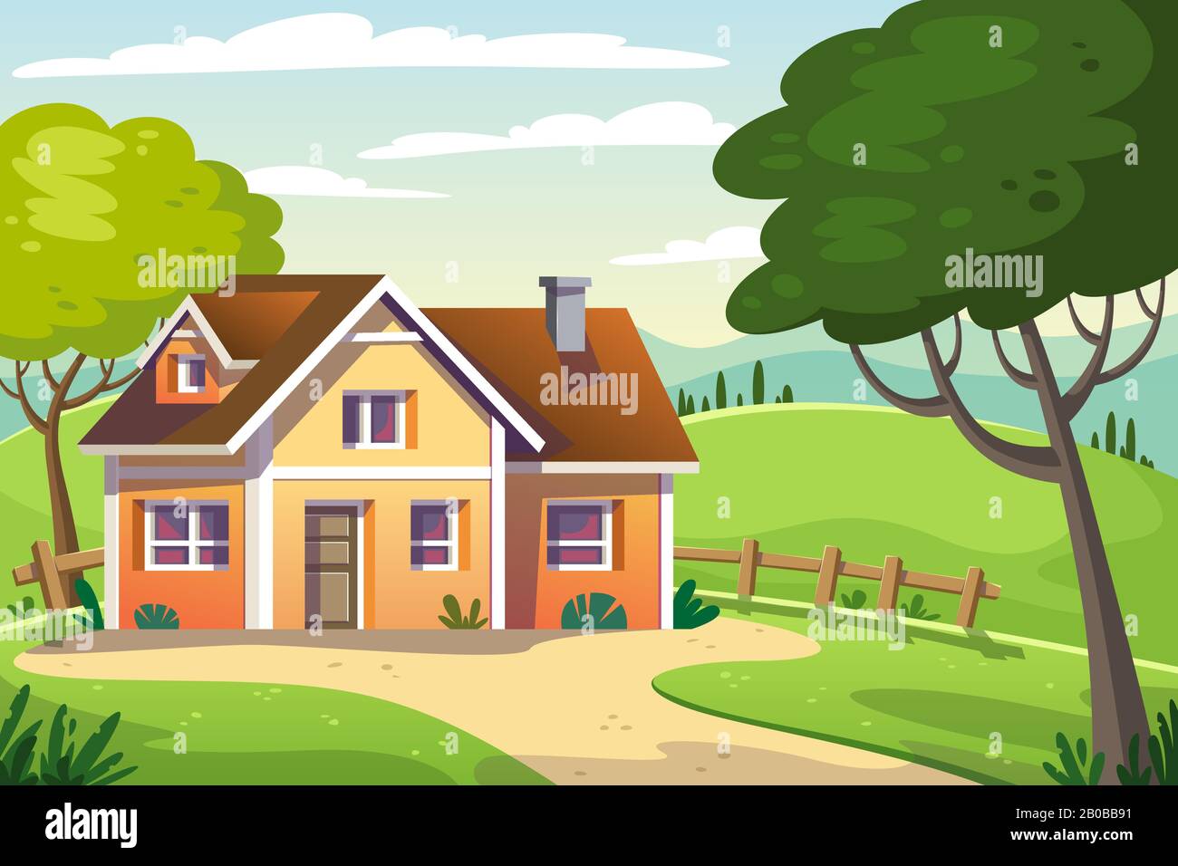 Modern country house with summer landscape. Cartoon Vector Illustrations with separate layers. Stock Vector