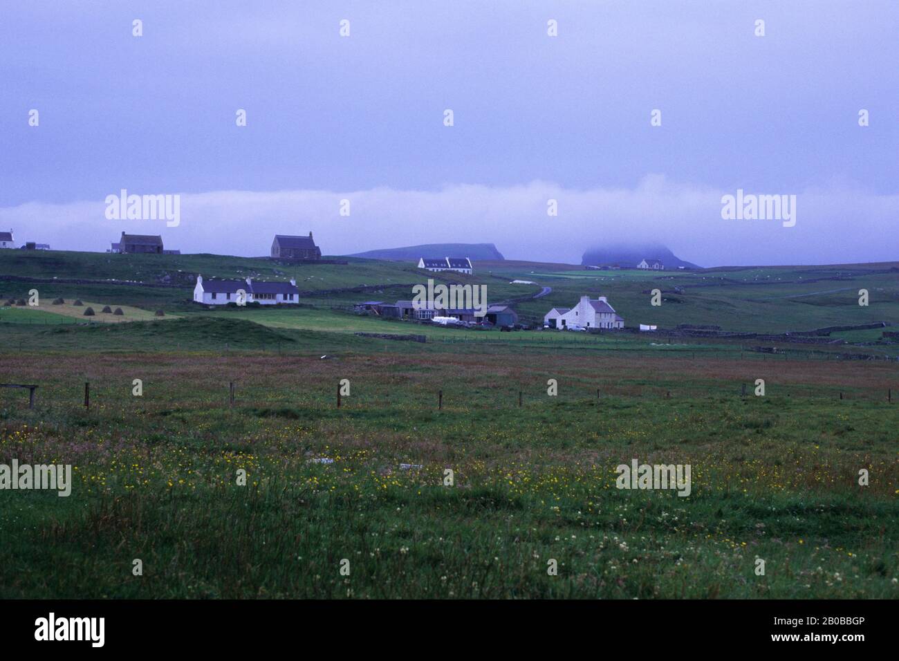 SHETLAND ISLANDS, FAIR ISLE, LANDSCAPE WITH FARMS Stock Photo