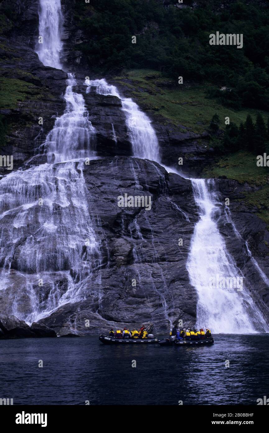 NORWAY, GEIRANGER FJORD, SUITOR WATERFALL, ZODIACS Stock Photo