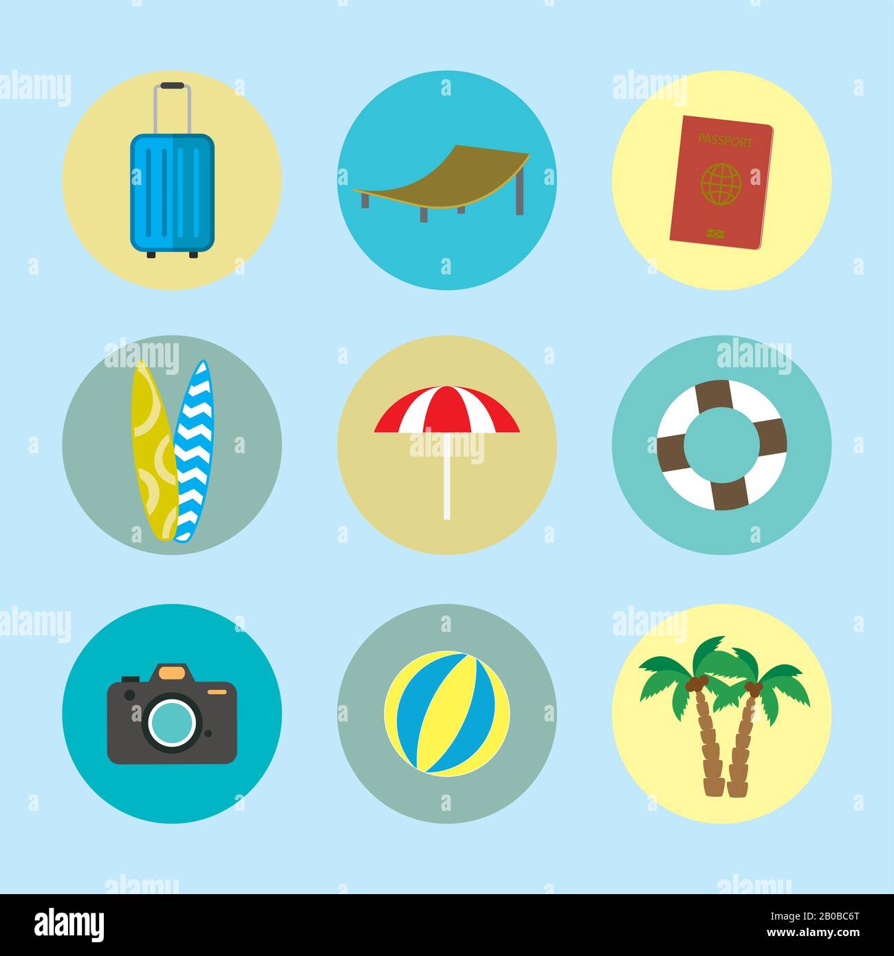Cartoon summer and holiday icons,set of beach flat objects,vector illustration. Stock Vector