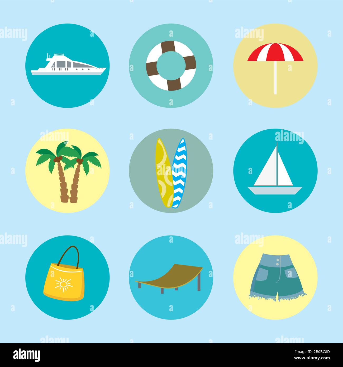 Cartoon summer and holiday icons,set of beach flat objects,vector illustration Stock Vector