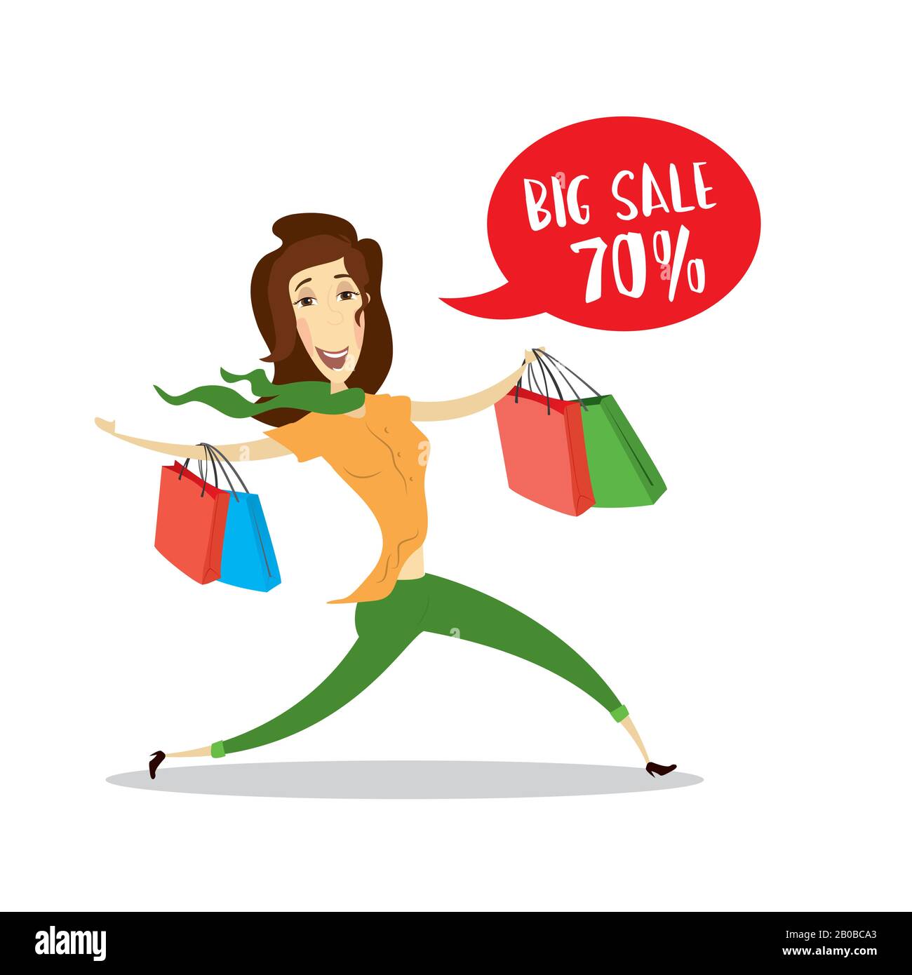 Funny and crazy woman with shopping bags .Speech Bubble with Big sale. Cartoon vector illustration isolated on white background Stock Vector