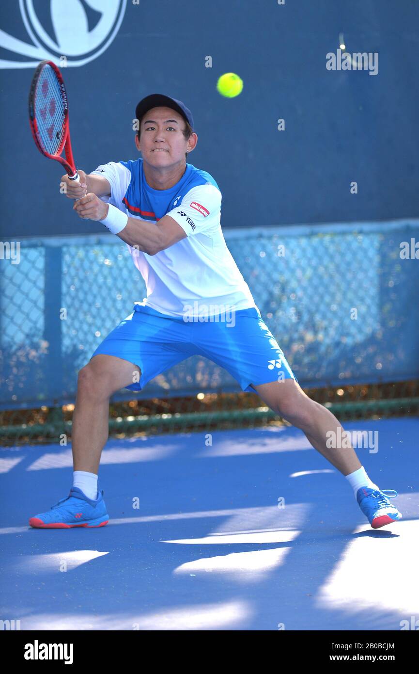 Delray Beach, Florida, USA. 19th Feb, 2020. FEBRUARY 19 - Delray Beach: Yoshihito Nishioka(JPN) in action here, defeats Noah Rubin(USA) during the second round at the 2020 Delray Beach Open by Vitacost.com in Delray Beach, Florida.(Photo credit: Andrew Patron/Zuma Press Newswire) Credit: Andrew Patron/ZUMA Wire/Alamy Live News Stock Photo