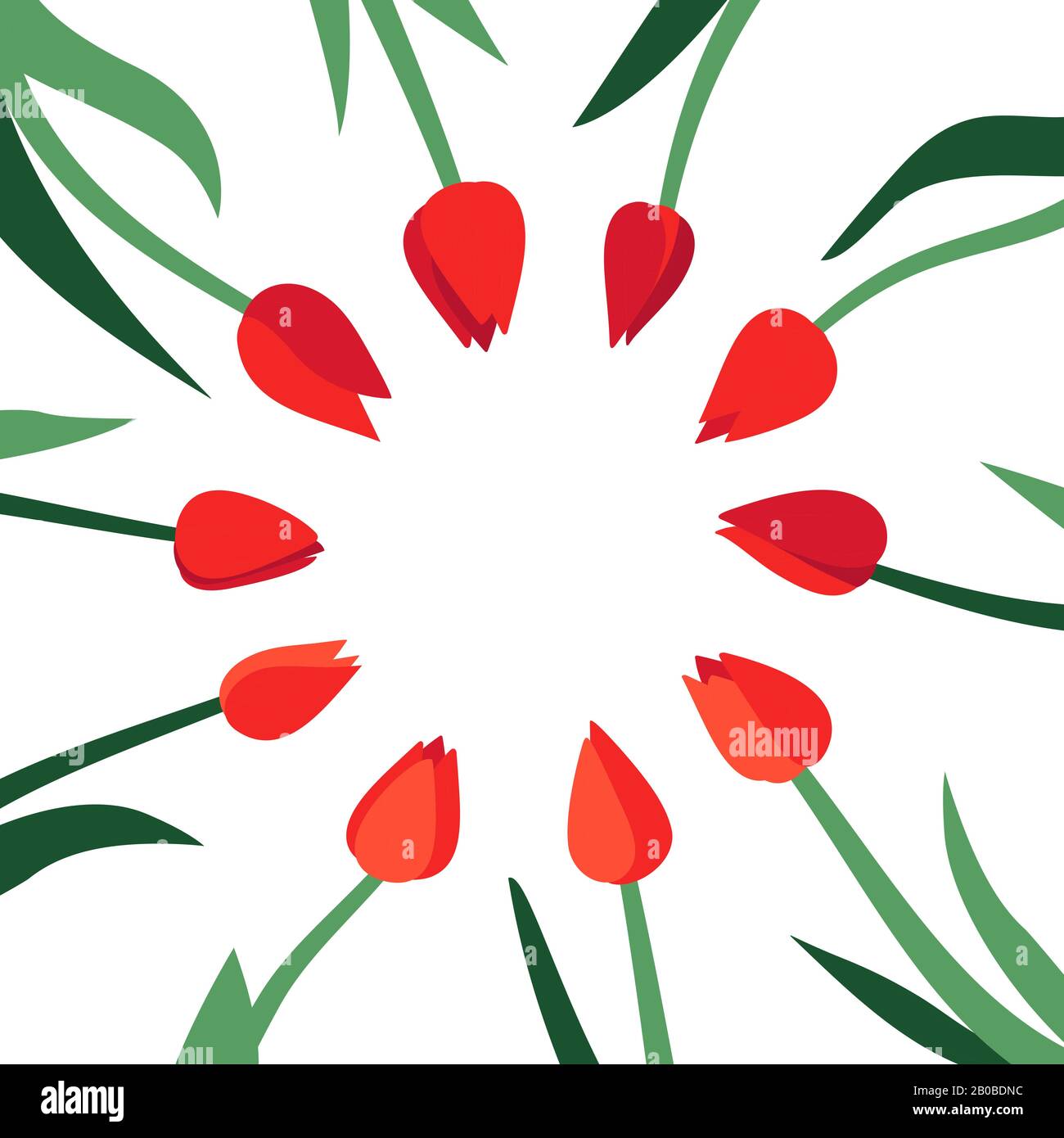 Vector card template with branches of red tulip flowers. Round floral