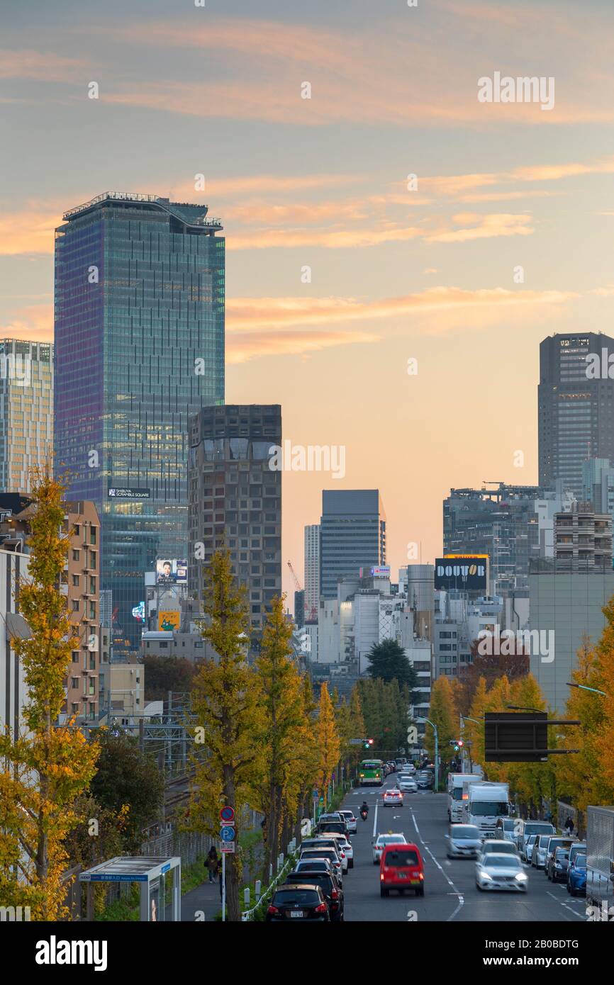 Skyline of Shibuya at sunset, Tokyo, Japan Stock Photo