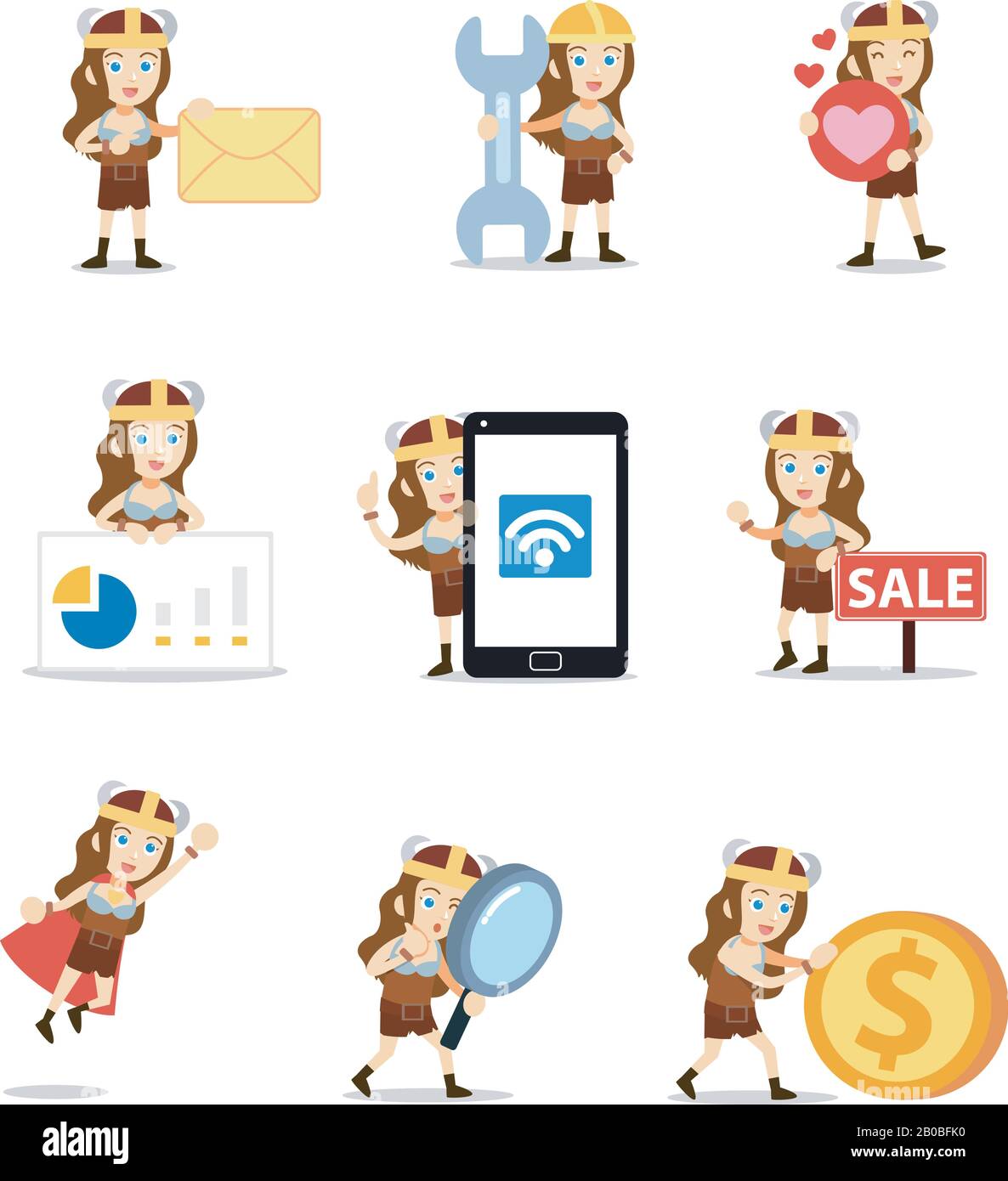 Set character of female Viking wearing helmet with horn Stock Vector