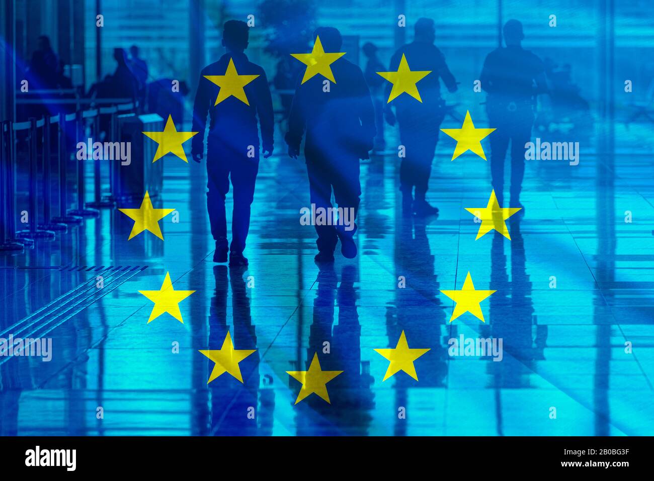 EU Flag and group of People as silhouettes, concept picture Stock Photo