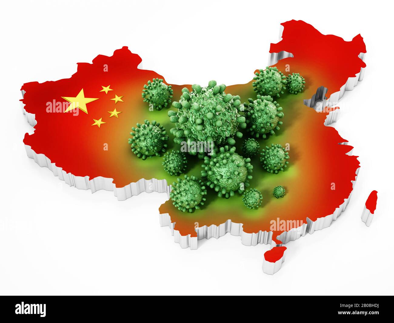 Group of viruses on china map and flag. 3D illustration. Stock Photo