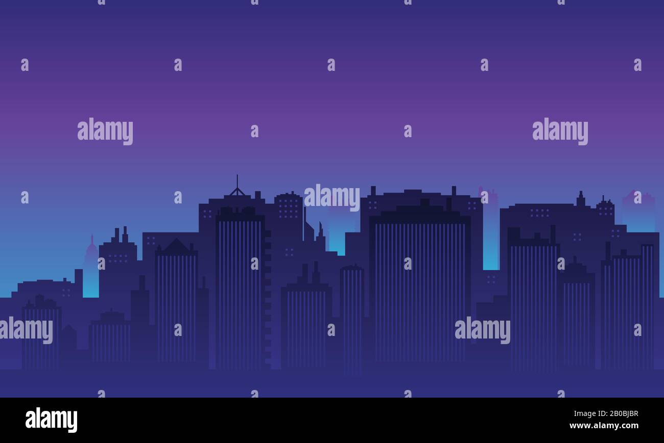 City silhouette with many tall buildings at night Stock Vector Image ...