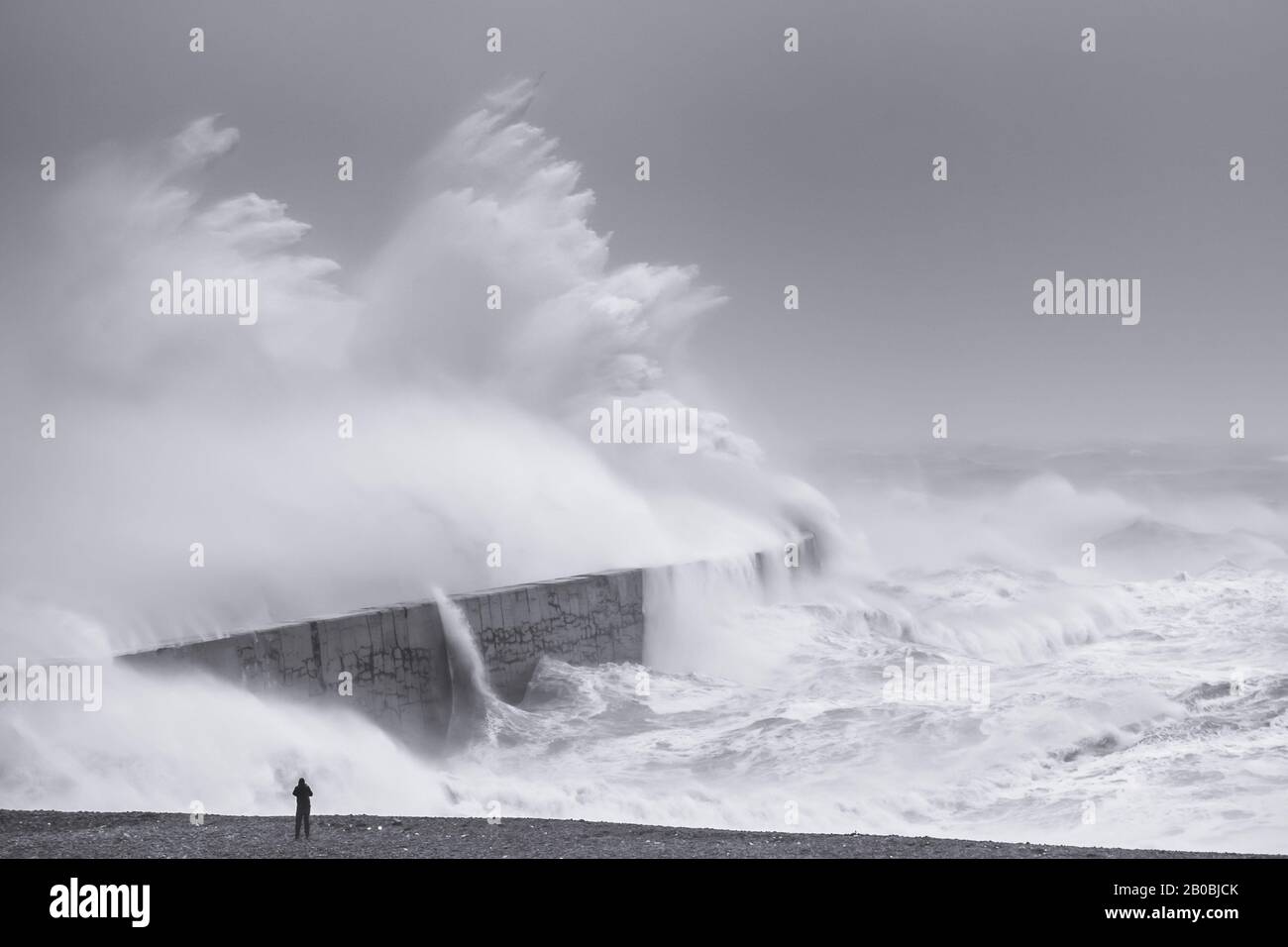 Newhaven, East Sussex. UK weather as Storm Ciara offers up massive waves and heavy rain which hit England on 9th February 2020. Stock Photo