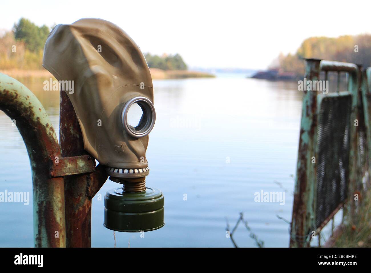 A gas mask is hung up at Pripyat river in Pripyat, Ukraine, site of the Chernobyl nuclear desaster and center of the Chernobyl exclusion zone. Stock Photo