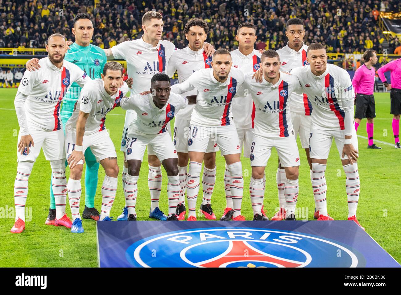 ORleft to right Kylian MBAPPE (PSG) goalwart Keylor NAVAS (PSG), Thomas MEUNIER (PSG), MARQUINHOS (PSG), Thiago SILVA (PSG), Presnel KIMPEMBE (PSG), urleft to right Angel DI MARIA (PSG), Idrissa GUEYE (PSG), Layvin KURZAWA (PSG), Marco VERRATTI (PSG), Kylian MBAPPE (PSG), team picture, group picture, team picture, team picture, full figure, landscape format, Football Champions League, round of 16, Borussia Dortmund (DO) - Paris St. Germain (PSG) 2: 1, on February 18, 2020 in Dortmund/Germany. Â | usage worldwide Stock Photo