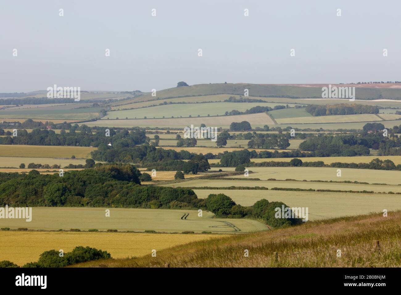 View across field patchwork to Iron Age hill fort Liddington Castle, Wiltshire, England, UK Stock Photo