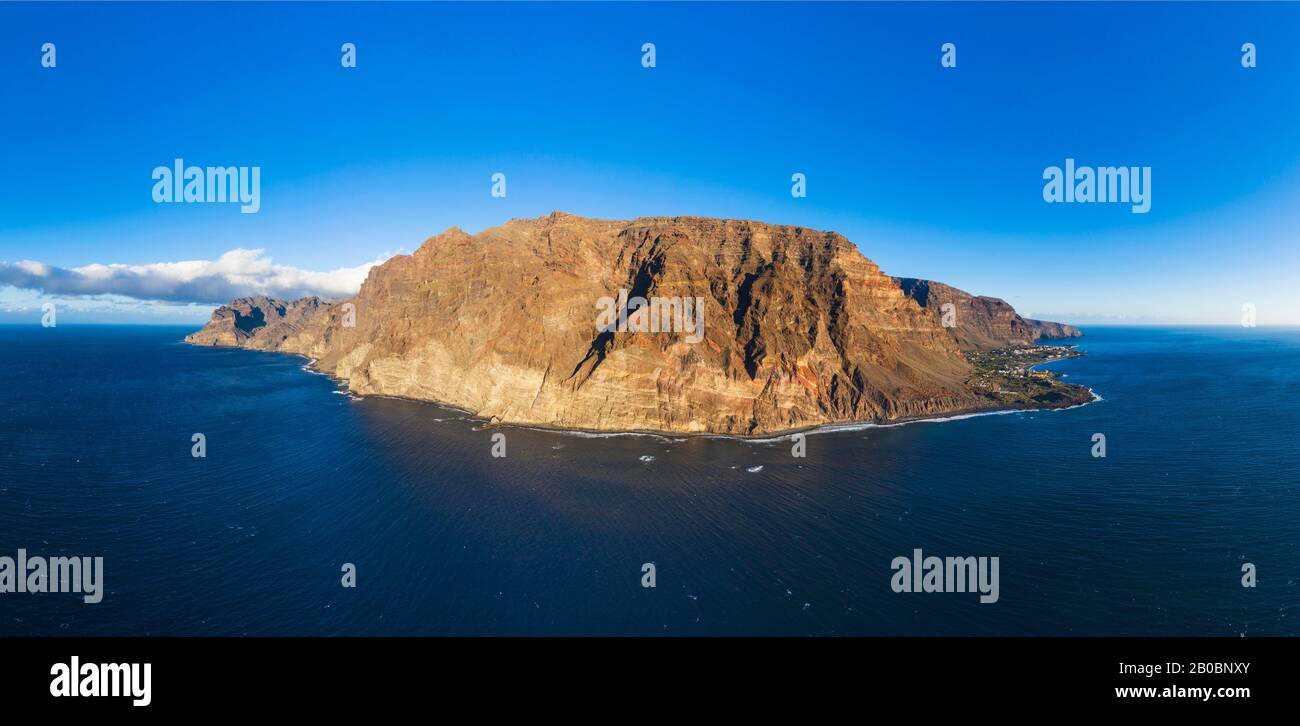 Panorama from the west coast of La Gomera, Techeleche mountains and La Merica, Valle Gran Rey, aerial view, La Gomera, Canary Islands, Spain Stock Photo