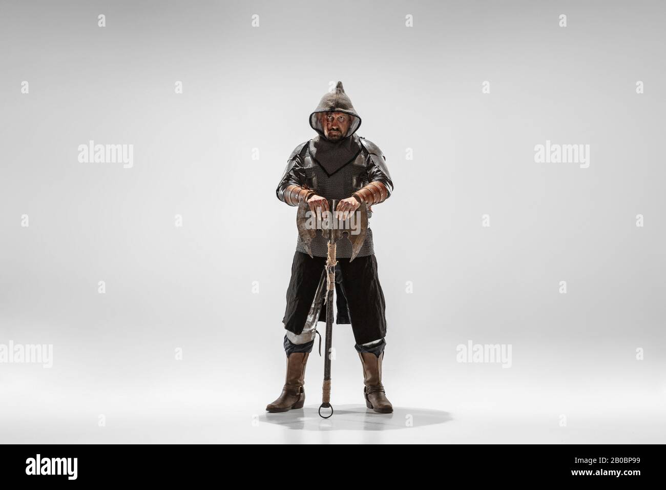 Brave armored knight with professional weapon fighting isolated on ...